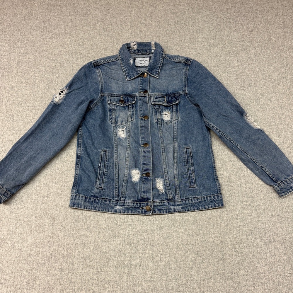 American Bazi Distressed Denim Trucker Jacket Medium Blue Cotton Frayed Ripped M